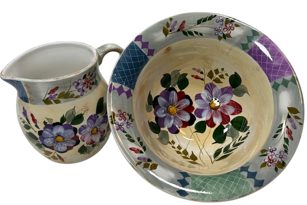 Gibson Elite Hand Painted Floral Pitcher & Wash Basin Bowl Set Cottage Garden